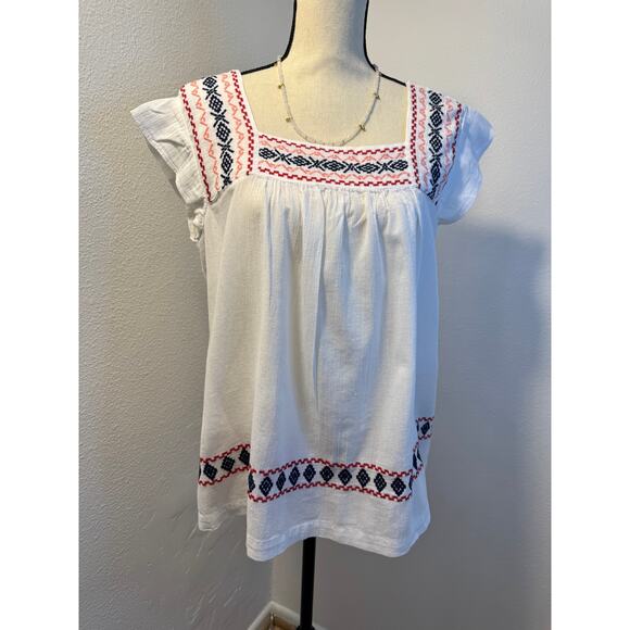 Beach Lunch Lounge White Embroidered Top Cap Sleeve Boho Blouse L Peasant - Picture 2 of 6